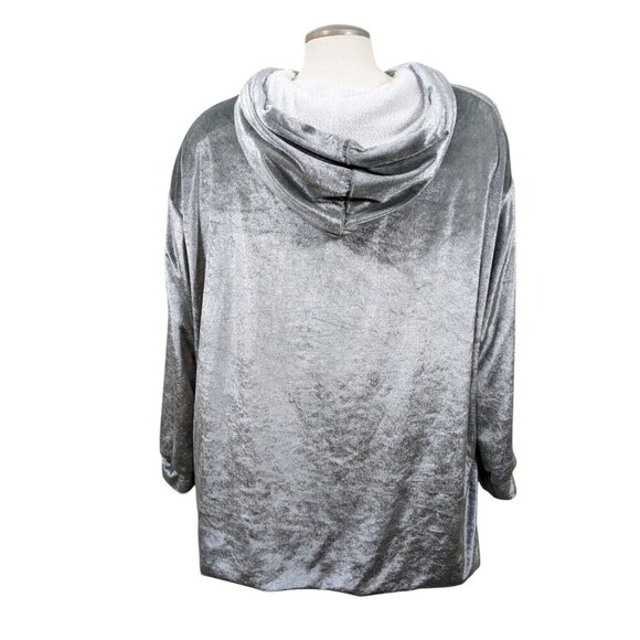 Velour Plush Hoodie Plus Size 2X Shiny Silver Kangaroo Pocket Faux Sherpa Lined - Picture 3 of 11
